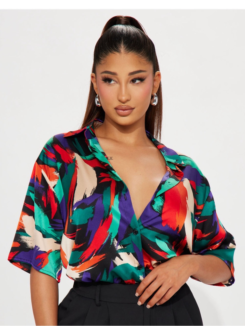 Floral Multicolor Women’s Silky shirt- Red, Teal, Purple